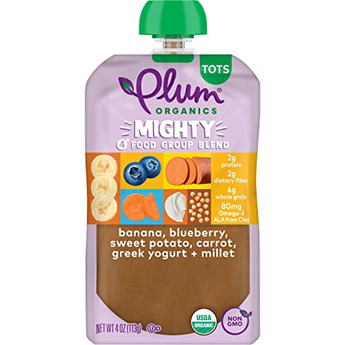 Plum Organics | Mighty Food Group Blend | Organic Baby Food Meals [12+ Months] | Banana, Blueberry, Sweet Potato, Carrot, Greek Yogurt & Millet | 4 Ounce Pouch (Pack Of 6) Packaging May Vary