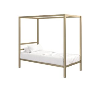 DHP Modern Metal Canopy Platform Bed with Minimalist Headboard and Four Poster Design, Underbed Storage Space, No Box Spring Needed, Twin, Gold