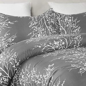 Vaulia Lightweight Cooling Microfiber Duvet Cover Set, Grey and White Floral Branches Printed Pattern All Season - Queen Size, 3-Piece Set (1 Duvet Cover 2 Pillow Shams)