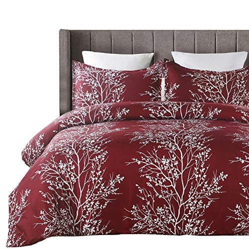 Vaulia Microfiber Duvet Cover Set, Tree Branch Printed Pattern Design - Burgundy Red, King Size 3 Piece Set (1 Duvet Cover 2 Pillow Shams)