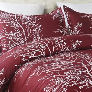 Vaulia Microfiber Duvet Cover Set, Tree Branch Printed Pattern Design - Burgundy Red, King Size 3 Piece Set (1 Duvet Cover 2 Pillow Shams)