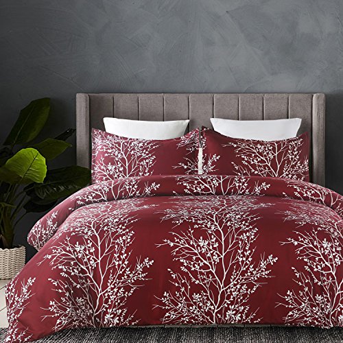 Vaulia Microfiber Duvet Cover Set, Tree Branch Printed Pattern Design - Burgundy Red, King Size 3 Piece Set (1 Duvet Cover 2 Pillow Shams)