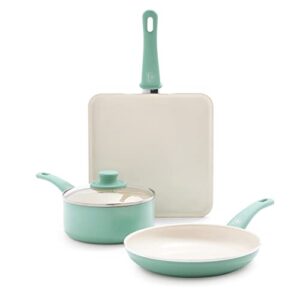 greenlife soft grip absolutely toxin-free healthy ceramic nonstick dishwasher/oven safe stay cool handle cookware set, 4-piece, turquoise