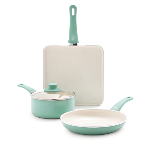 GreenLife Soft Grip Absolutely Toxin-Free Healthy Ceramic Nonstick Dishwasher/Oven Safe Stay Cool Handle Cookware Set, 4-Piece, Turquoise