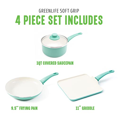 GreenLife Soft Grip Absolutely Toxin-Free Healthy Ceramic Nonstick Dishwasher/Oven Safe Stay Cool Handle Cookware Set, 4-Piece, Turquoise