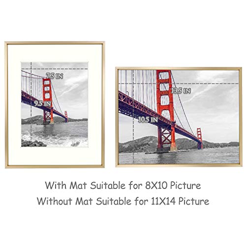 Frametory, 11x14 Aluminum Photo Frame with Ivory Color Mat for 8x10 Picture & Real Glass, Metal Picture Frame Collection (Gold, 1-Pack)