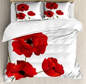 ambesonne floral duvet cover set, poppy flowers vivid petals buds pastoral purity mother earth nature design, decorative 3 piece bedding set with 2 pillow shams, queen size, red green