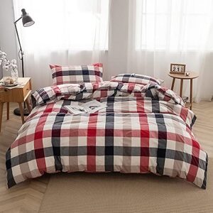 face two face bedding duvet cover set 3 pieces 100% washed cotton duvet cover linen like textured breathable durable soft comfy (queen, blue red grid)