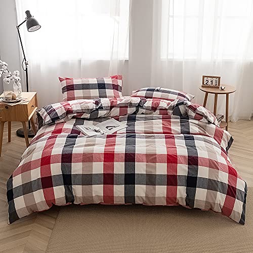 FACE TWO FACE Bedding Duvet Cover Set 3 Pieces 100% Washed Cotton Duvet Cover Linen Like Textured Breathable Durable Soft Comfy (Queen, Blue red Grid)