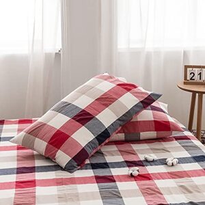 FACE TWO FACE Bedding Duvet Cover Set 3 Pieces 100% Washed Cotton Duvet Cover Linen Like Textured Breathable Durable Soft Comfy (Queen, Blue red Grid)