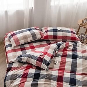 FACE TWO FACE Bedding Duvet Cover Set 3 Pieces 100% Washed Cotton Duvet Cover Linen Like Textured Breathable Durable Soft Comfy (Queen, Blue red Grid)