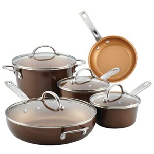 ayesha curry home collection nonstick cookware pots and pans set, 9 piece, brown sugar
