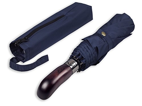 Balios Travel Umbrella Wood Handle Auto Open Close Vented Canopy Dark Navy