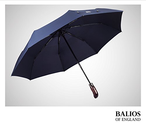 Balios Travel Umbrella Wood Handle Auto Open Close Vented Canopy Dark Navy