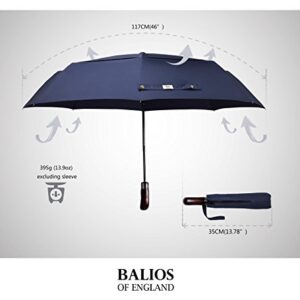 Balios Travel Umbrella Wood Handle Auto Open Close Vented Canopy Dark Navy