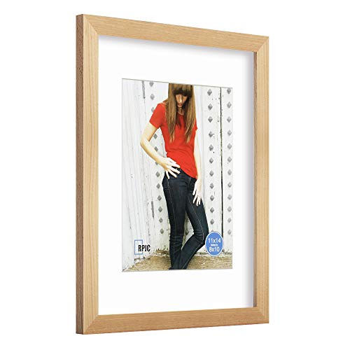RPJC 11x14 inch Picture Frame Made of Solid Wood and High Definition Glass Display Pictures 8x10 with Mat or 11x14 Without Mat for Wall Mounting Photo Frame Natural