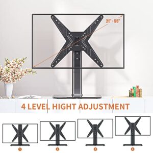 Hemudu Universal Swivel TV Stand/Base Table Top TV Stand for 21 to 55 inch TVs with 90 Degree Swivel, 4 Level Height Adjustable, Heavy Duty Tempered Glass Base, Holds up to 99lbs, HT02B-002