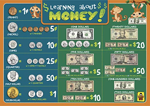 UNCLE WU Learning About Money Placemats - Early Childhood Education Materials Preschool -16 x 12 inch Waterproof Poster