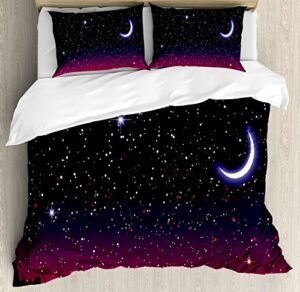 ambesonne night duvet cover set, red sky at starry landscape and mountains astrology astronomy, decorative 3 piece bedding set with 2 pillow shams, queen size, indigo magenta black