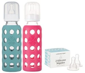 lifefactory 9oz glass baby bottle 2pk bundle with 2 stage 3 nipples (kale/raspberry)