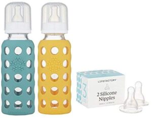 lifefactory 9oz glass baby bottle 2pk bundle with 2 stage 3 nipples (kale/mango)