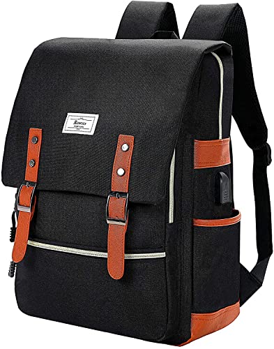 Ronyes Vintage Laptop Backpack College School Bag Bookbags for Women Men 15.6’’ Laptop Casual Rucksack Water Resistant School Backpack Daypacks with USB Charging Port (Black)