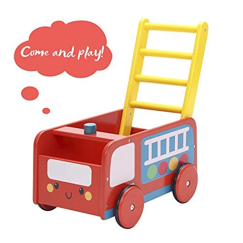 labebe -Wooden Walker 4 Wheels, Kids Push Wagon Cart Red, Push Toy Walker for Girl/Boy 1-3 Years Old, Toy Shopping Cart, Wooden Wagon Toy, Baby Activity/Learning Walker Infant- Red Fire Truck