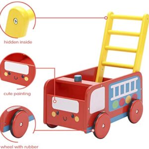 labebe -Wooden Walker 4 Wheels, Kids Push Wagon Cart Red, Push Toy Walker for Girl/Boy 1-3 Years Old, Toy Shopping Cart, Wooden Wagon Toy, Baby Activity/Learning Walker Infant- Red Fire Truck