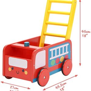 labebe -Wooden Walker 4 Wheels, Kids Push Wagon Cart Red, Push Toy Walker for Girl/Boy 1-3 Years Old, Toy Shopping Cart, Wooden Wagon Toy, Baby Activity/Learning Walker Infant- Red Fire Truck