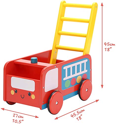 labebe -Wooden Walker 4 Wheels, Kids Push Wagon Cart Red, Push Toy Walker for Girl/Boy 1-3 Years Old, Toy Shopping Cart, Wooden Wagon Toy, Baby Activity/Learning Walker Infant- Red Fire Truck