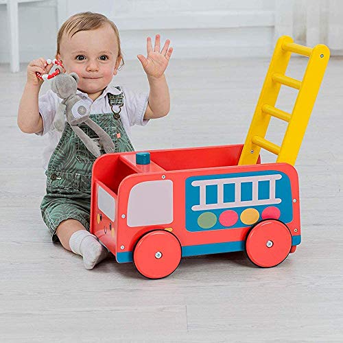 labebe -Wooden Walker 4 Wheels, Kids Push Wagon Cart Red, Push Toy Walker for Girl/Boy 1-3 Years Old, Toy Shopping Cart, Wooden Wagon Toy, Baby Activity/Learning Walker Infant- Red Fire Truck