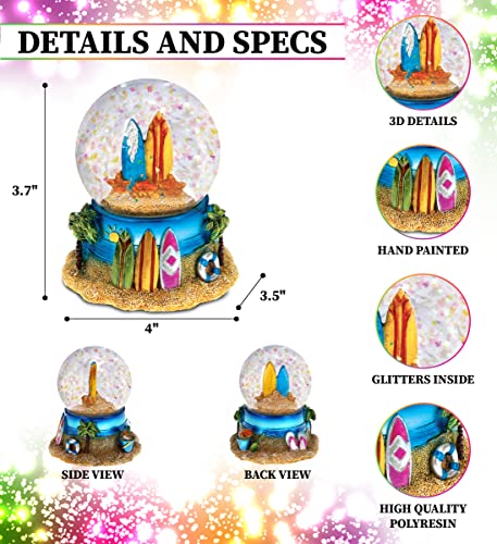 CoTa Global Cool Summer Surf Boards Snow Globe - Water Globe Figurine with Sparkling Glitter, Collectible Novelty Ornament for Home Decor, for Birthdays, Holiday and Valentine's - 65mm