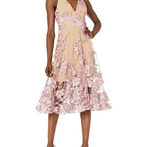 Dress the Population Women's Audrey Spaghetti Strap MIDI A-LINE 3D Floral Dress Dress, Lilac/Nude, M