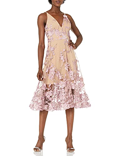 Dress the Population Women's Audrey Spaghetti Strap MIDI A-LINE 3D Floral Dress Dress, Lilac/Nude, M