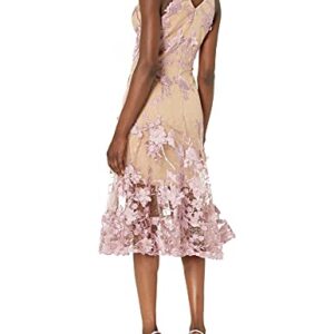 Dress the Population Women's Audrey Spaghetti Strap MIDI A-LINE 3D Floral Dress Dress, Lilac/Nude, M