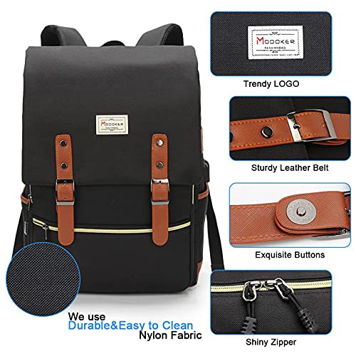 Modoker Vintage Laptop Backpack for Women Men,Travel Backpacks with USB Charging Port Fashion Backpack Fits 15.6Inch Notebook, Black