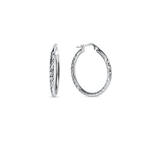 sterling silver hoop earrings for women girls 1 inch, diamond-cut textured design 2mm wide by 25mm diameter