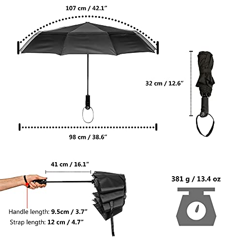 Ergonauts Windproof Vented Double Canopy Travel Umbrella with Teflon Coating - Portable Compact Foldable Lightweight Design and High Wind Resistance (Black)