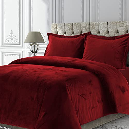 Tribeca Living VENICEDUVET Venice Velvet Oversized Solid Duvet Set, 3pieces, Queen, Burgundy