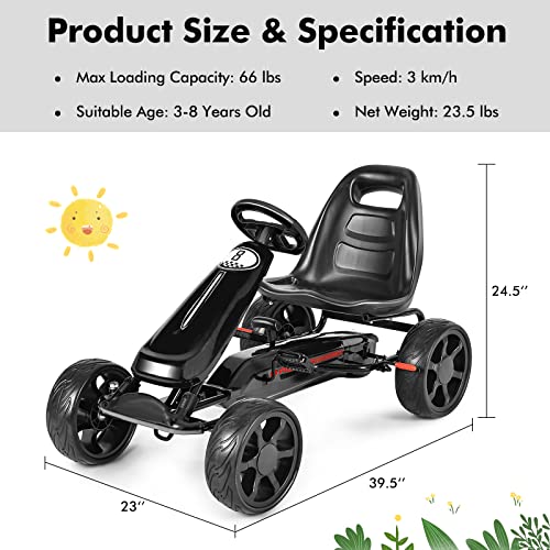 Costzon Kids Go Kart, 4 Wheel Powered Ride On Toy, Outdoor Racer Pedal Car with Clutch, Brake, EVA Rubber Tires, Adjustable Seat Gifts for Children(Black)