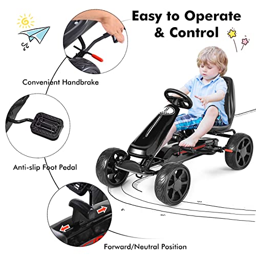 Costzon Kids Go Kart, 4 Wheel Powered Ride On Toy, Outdoor Racer Pedal Car with Clutch, Brake, EVA Rubber Tires, Adjustable Seat Gifts for Children(Black)