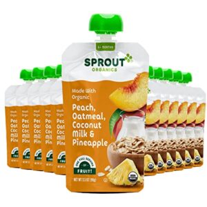 sprout organics, peach, oatmeal, coconut milk & pineapple, 6+ month pouches, 3.5 oz (12-count)