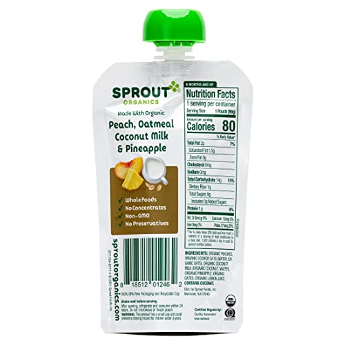 Sprout Organics, Peach, Oatmeal, Coconut Milk & Pineapple, 6+ Month Pouches, 3.5 oz (12-count)