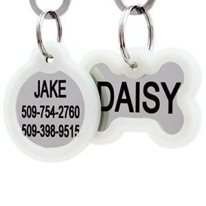 gotags personalized dog tags in stainless steel, includes glow in the dark tag silencer to reduce noise and protect tag and engraving, no noise, quiet pet tags, 2 side engraving, (bone shape)