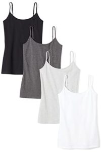 amazon essentials women's slim-fit camisole (available in plus size), pack of 4, black/charcoal heather/light grey heather/white, large