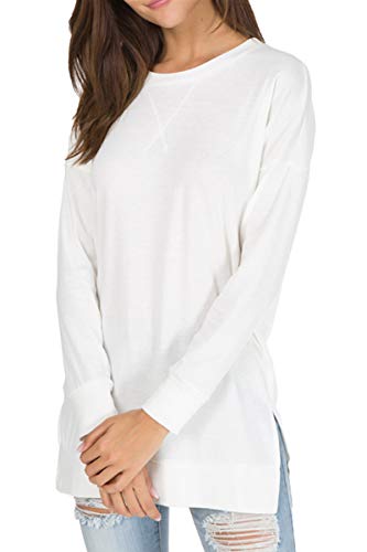 levaca Womens Fall Long Sleeve Sweatshirt Side Split Loose Casual Tunic Tops White L