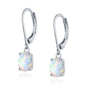 Leveback Dangle Earrings Created White Oval Opal 6x8mm for Women Teen Girls Nickel Free 18k White Gold Plated OPALTOP