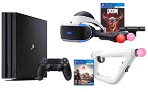 ps4 shooter bundle (6 items): playstation 4 pro 1tb console, vr headset, farpoint aim controller bundle, psvr doom game, playstation camera, and 2 move motion controllers