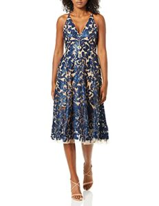 dress the population women's blair plunging fit and flare midi dress dress, navy/nude, s