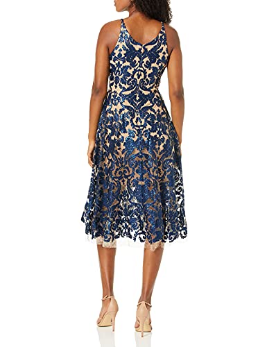 Dress the Population Women's Blair Plunging Fit and Flare Midi Dress Dress, Navy/Nude, S